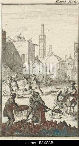 Produzione di calce in Persia, Jan Luyken, Charles Angot, 1689. Reinventato da Gibon. Arte Classica con un moderno reinventato Foto Stock