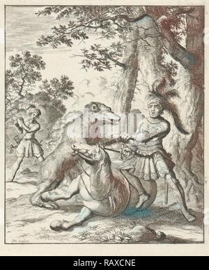 Goffredo di Bouillon, c. 1060 - 1100, batte un orso, Jan Luyken, Timoteo dieci Hoorn, 1683. Reinventato Foto Stock