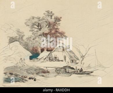 Agriturismo waterfront, Remigius Adrianus Haanen, c. 1827 - 1879. Reinventato da Gibon. Arte Classica con un tocco di moderno reinventato Foto Stock