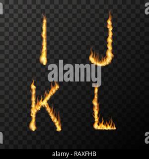 Luminose realistiche fiamme di fuoco in I J K L lettere forma, caldo concetto del font su trasparente Illustrazione Vettoriale