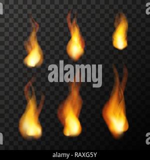 Serie di brillanti fiamme di fuoco su trasparente Illustrazione Vettoriale