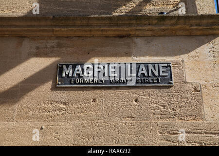 Un cartello stradale per Gazza Lane (formalmente Grove Street) a Oxford, Inghilterra. Foto Stock