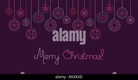 Colori al neon al buio su un sfondo viola natale decorazione illustrazione vettoriale. Invito poster del vettore. Le palle di Natale. Illustrazione Vettoriale