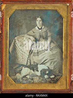 [Ritratto di una giovane seduto Donna e cane], Sconosciuto maker, americano, 1845 - 1847, Daguerreotype, 1/2 piastra, Immagine: 10 reinventato Foto Stock