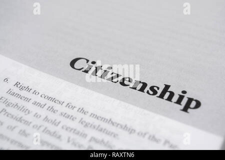 Maski,Karnataka, India - gennaio 4,2019 : Cittadinanza stampato sul libro con lettere di grandi dimensioni. Foto Stock