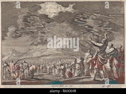 Mosè sul monte Sinai, Jan Luyken, Pieter Mortier, 1703 - 1762. Reinventato da Gibon. Arte Classica con un tocco di moderno reinventato Foto Stock