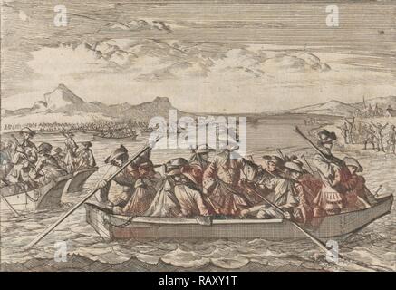 Valdesi inseguito dai Savoia che attraversa il lago di Ginevra in barche a ritornare al loro paese, 1689, Svizzera. Reinventato Foto Stock