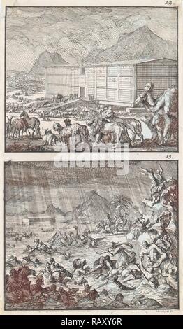 Carichi di Noè tutti gli animali nell'arca, del diluvio, Jan Luyken, 1698. Reinventato da Gibon. Arte Classica con un moderno reinventato Foto Stock