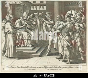Cristo davanti a Caifa, stampa maker: Adriaen Collaert, Maerten de Vos, 1598 - 1618. Reinventato da Gibon. Arte Classica reinventato Foto Stock