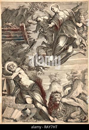 Agostino Carracci (Italiano, 1557-1602) dopo Jacopo Tintoretto (Italiano (Veneto), 1519-1594). La Madonna apparendo reinventato Foto Stock