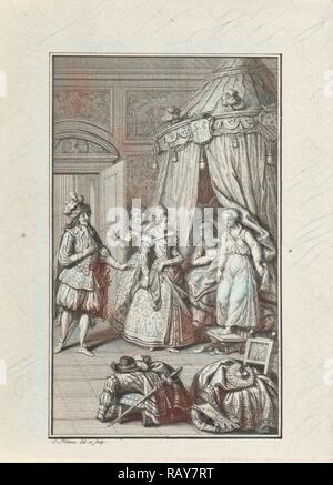 Tre riccamente vestite figure entra in una stanza. Gli amanti colti di sorpresa. stampa maker: Jacob Folkema (menzionato su un oggetto reinventato Foto Stock