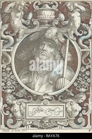Ritratto di Joshua medaglione all'interno della cornice rettangolare con ornamenti, Nicolaes De Bruyn, 1594. Reinventato Foto Stock