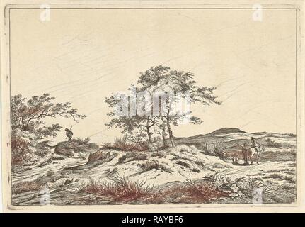 Paesaggio con cavaliere e pedonale, Hermanus Fock, 1781 - 1822. Reinventato da Gibon. Arte Classica con un tocco di moderno reinventato Foto Stock