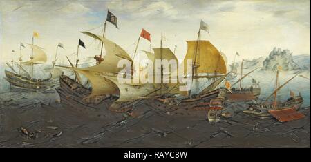 Battaglia di Cadice, olandese e le navi inglesi attaccano la Armada spagnola, Aert Anthonisz., 1608. Reinventato Foto Stock