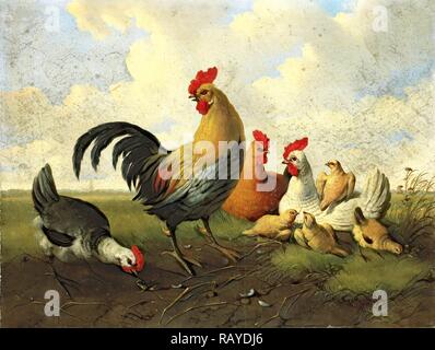 Un gallo con le galline e polli, Albertus Verhoesen, 1855. Reinventato da Gibon. Arte Classica con un tocco di moderno reinventato Foto Stock