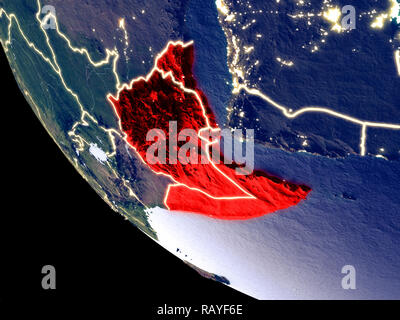 Vista orbita del Corno d Africa durante la notte con luminose luci della citta'. Plastica dettagliato pianeta superficie. 3D'illustrazione. Gli elementi di questa immagine arredate Foto Stock