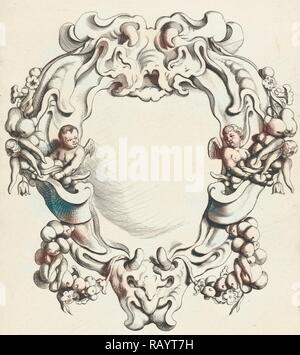 Cartiglio con lobo ornamento con due putti, stampa maker: Michiel Mosijn, Gerbrand van den Eeckhout, Clemente de reinventato Foto Stock