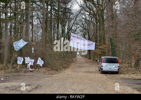 Vista di un ingresso per il Hambacher Forst, una vecchia foresta naturale, che diventa un simbolo polular nella lotta contro il riscaldamento globale. Foto Stock