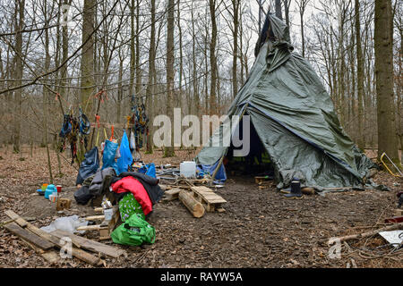 Il camp di attivisti ambientali nell'Hambacher Forst, una vecchia foresta naturale, che diventa un simbolo popolare nella lotta contro il riscaldamento globale. Foto Stock