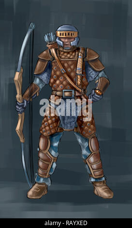 Concept Art Fantasy illustrazione di Archer in armatura di cuoio con prua. Foto Stock