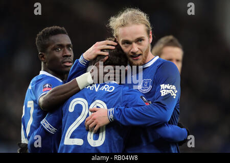 IDRISSA GUEYE, BERNARD , Tom Davies celebrare obiettivo, Everton FC V LINCOLN CITY, Everton FC V LINCOLN CITY, EMIRATES FA Cup, 2019 Foto Stock