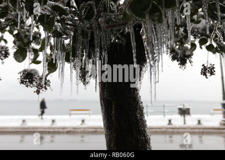 Salonicco, Grecia, 5 gennaio 2019. Tranciati coperta di neve del nord del porto greco città di Salonicco, come la Grecia è interessata da un fronte freddo portando nevicate e basse temperature in molte parti del paese. Credito : Orhan Tsolak / Alamy Live News Foto Stock