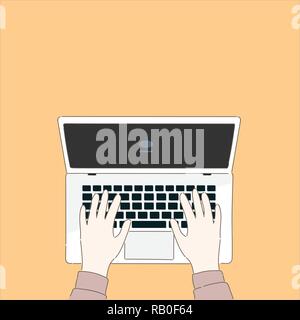 Mano sul portatile per lavorare con il notebook, hanno lo spazio per il testo -Piatto vettore illustrazione Design Illustrazione Vettoriale