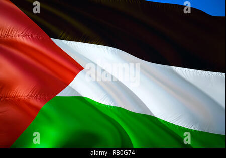 Bandiera della Palestina. 3D sventola bandiera design. Il simbolo nazionale della Palestina, rendering 3D. Colori nazionali della Palestina 3D sventolando sfondo del cartello design. Foto Stock