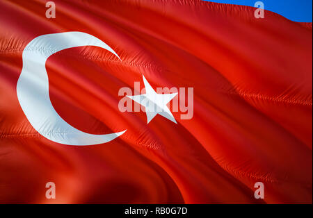 Bandiera della Turchia. 3D sventola bandiera design. Il simbolo nazionale della Turchia, rendering 3D. Colori nazionali della Turchia 3D sventolando sfondo del cartello design. 3D il nastro Foto Stock