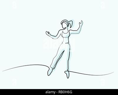 Linea continua di varie larghezze disegno. Happy jumping donna. Illustrazione Vettoriale Illustrazione Vettoriale