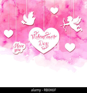 Acquerello rosa romantic valentine sfondo con Cupido e cuori tagliata fuori della carta. Foto Stock