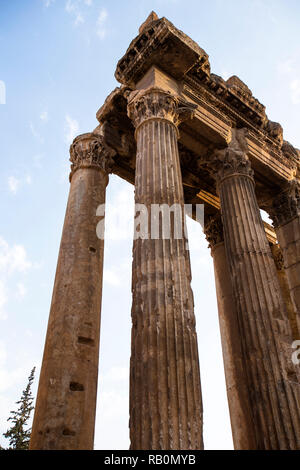 Decorazioni scolpite in un antico tempio romano di Bacco, Baalbec heritage site, Libano., Baalbec heritage site, Libano Foto Stock