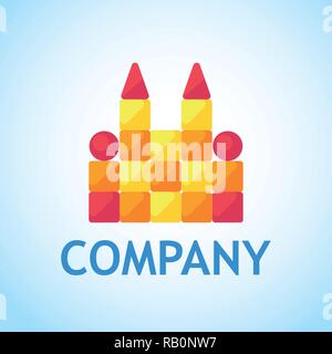 Logo per il negozio di giocattoli. Il castello di giocattolo di cubi - Vettore illustrazione di design in stile appartamento. Illustrazione Vettoriale