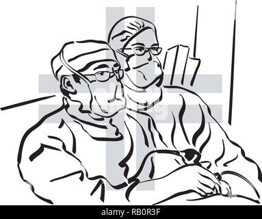 Illustrazione di chirurghi in sala operatoria con croce di colore grigio. Illustrazione Vettoriale