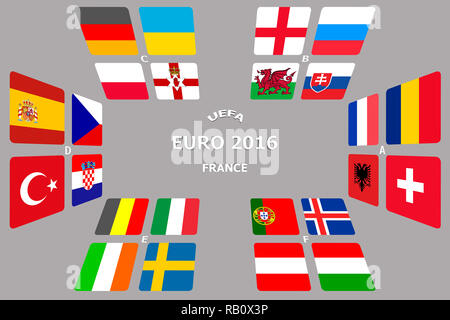 Il calcio al Campionato Europeo di calcio finale Paesi qualificati. Francia Europa corrisponde a fase a gironi squadre partecipanti. Foto Stock