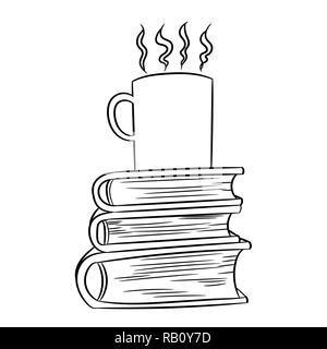 Caffè caldo in cub su libri, disegnato a mano illustrazione Vecter Illustrazione Vettoriale