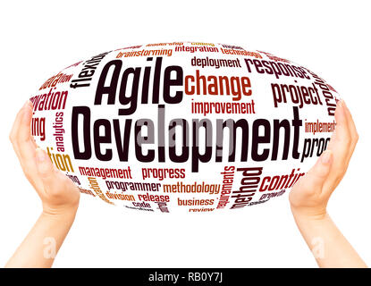 Lo sviluppo agile parola cloud sfera mano concetto su sfondo bianco. Foto Stock
