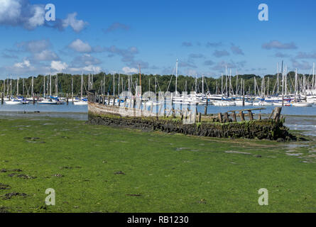 Naufragio di legno bloccato sulle mudflat del fiume Hamble a Bursledon, Southampton, Hampshire, Inghilterra, Regno Unito Foto Stock