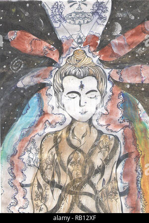 Illustrazione di un buddha meditando su uno sfondo di spazio. Foto Stock