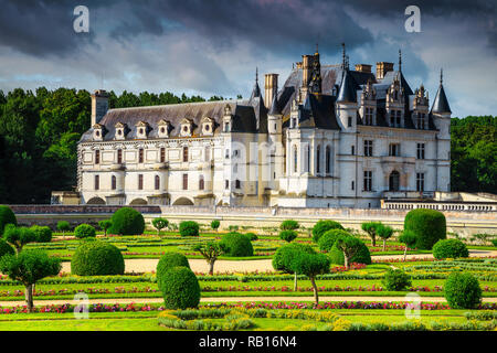 Famoso giardino ornamentale di castello di Chenonceau con fiori colorati nella Valle della Loira, in Francia, in Europa Foto Stock