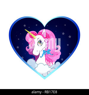 Cartoon pony bianco unicorn testa con capelli rosa e la prua ritratto all'interno del cielo notturno con il cloud cuore sfondo. illustrazione, icona, adesivo, clip art Foto Stock