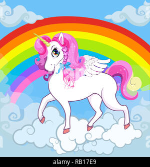Multicolor cartoon kids illustrazione del cavallino bianco unicorn princess carattere con grandi occhi, Golden Horn, ali di piume, zoccoli sulla nuvola con pioggia Foto Stock