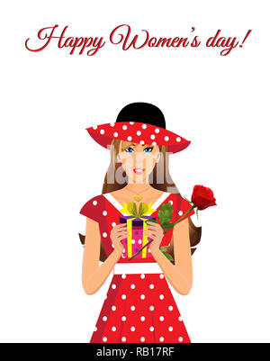 Felici donne s day greeting card con carino adorabile ragazza in abito rosso con pois e stampa hat holding dono e bella rosa in mani o isolato Foto Stock