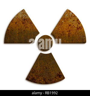 Radioattivo (radiazioni ionizzanti) pericolo nucleare simbolo realizzato in metallo arrugginito grungy texture e isolate su seamless sfondo bianco. Foto Stock