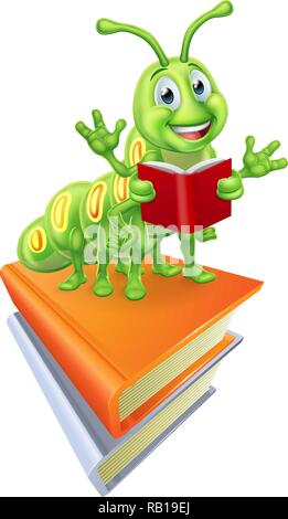 Lettura Worm Caterpillar Bookworm sui libri Illustrazione Vettoriale