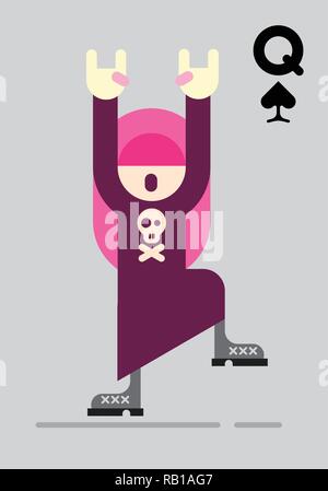 Carta da gioco con il bilanciere ragazza. Dancing ragazza adolescente con lunghi capelli rosa e le mani alzate isolata su uno sfondo grigio. Illustrazione Vettoriale. Illustrazione Vettoriale