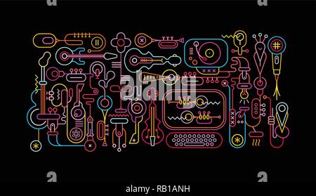 Negozio di musica di arte astratta illustrazione vettoriale. Colori al neon sagome isolate su uno sfondo nero. Illustrazione Vettoriale