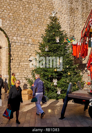 Dubrovnik, Croazia, città dipendenti che lavorano presso la decorazione di un albero di Natale in città vecchia parte della città sotto il suo sguardo vigile di passerby Foto Stock