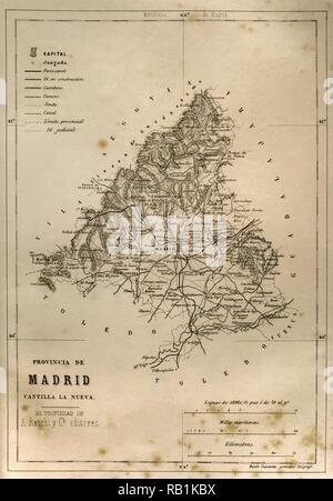 Mapa de la provincia de Madrid. Crónica General de España, Historia Ilustrada y Descriptiva de sus Provincias. Castilla-La Nueva, 1869. Biblioteca Histórico Militar de Barcelona, Cataluña, España. Foto Stock