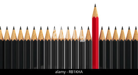 Matita rossa tra le matite di colore nero - immagine concettuale dell'individualità, tridimensionale, rendering 3D illustrazione Foto Stock